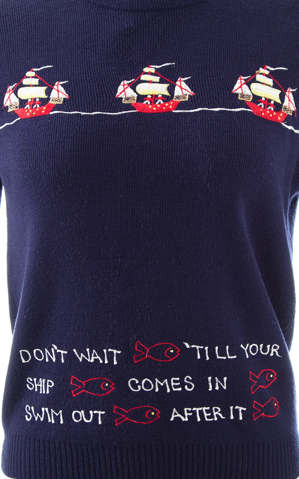 1970s "Swim After It" Fish Novelty Embroidered Sweater | medium/large