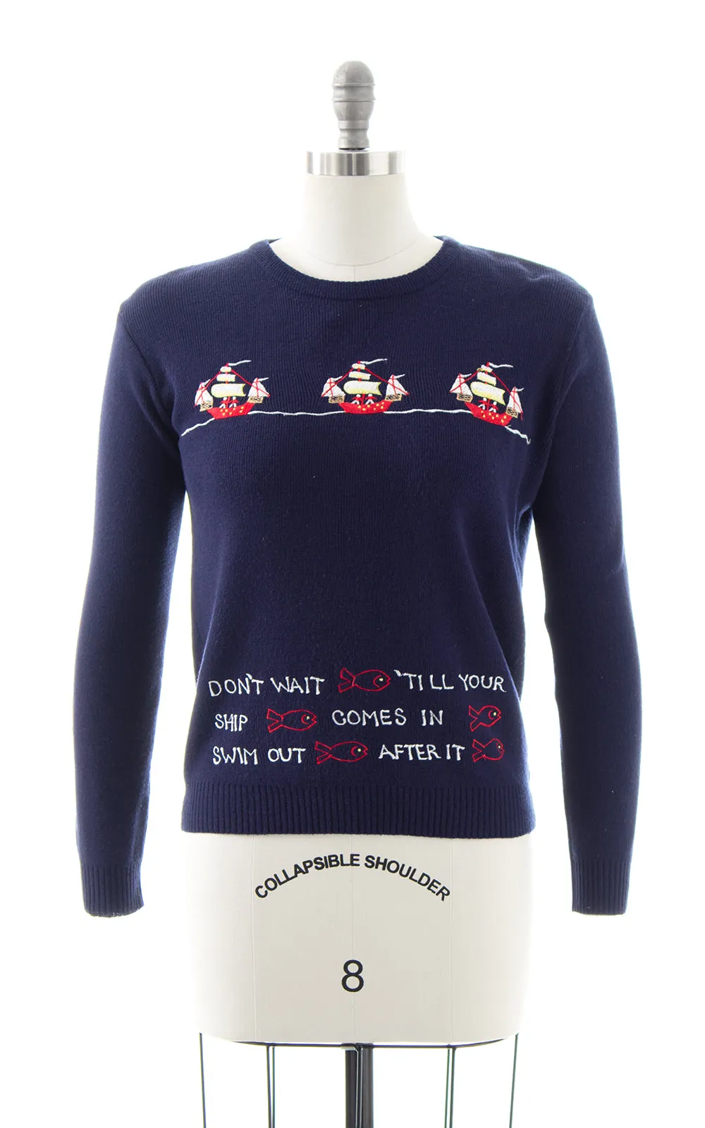 1970s "Swim After It" Fish Novelty Embroidered Sweater | medium/large