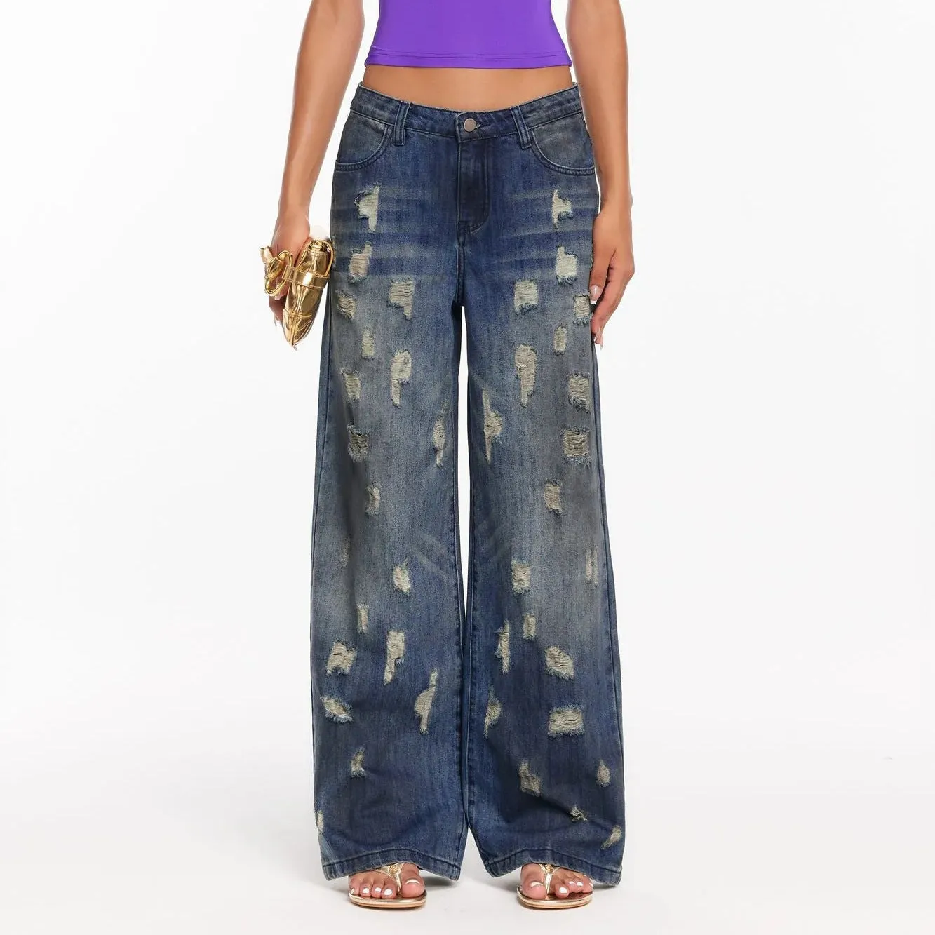 2025 Cross-border street wind ripped jeans women's straight pants high street washed wasteland wind denim design sense mopping pants women