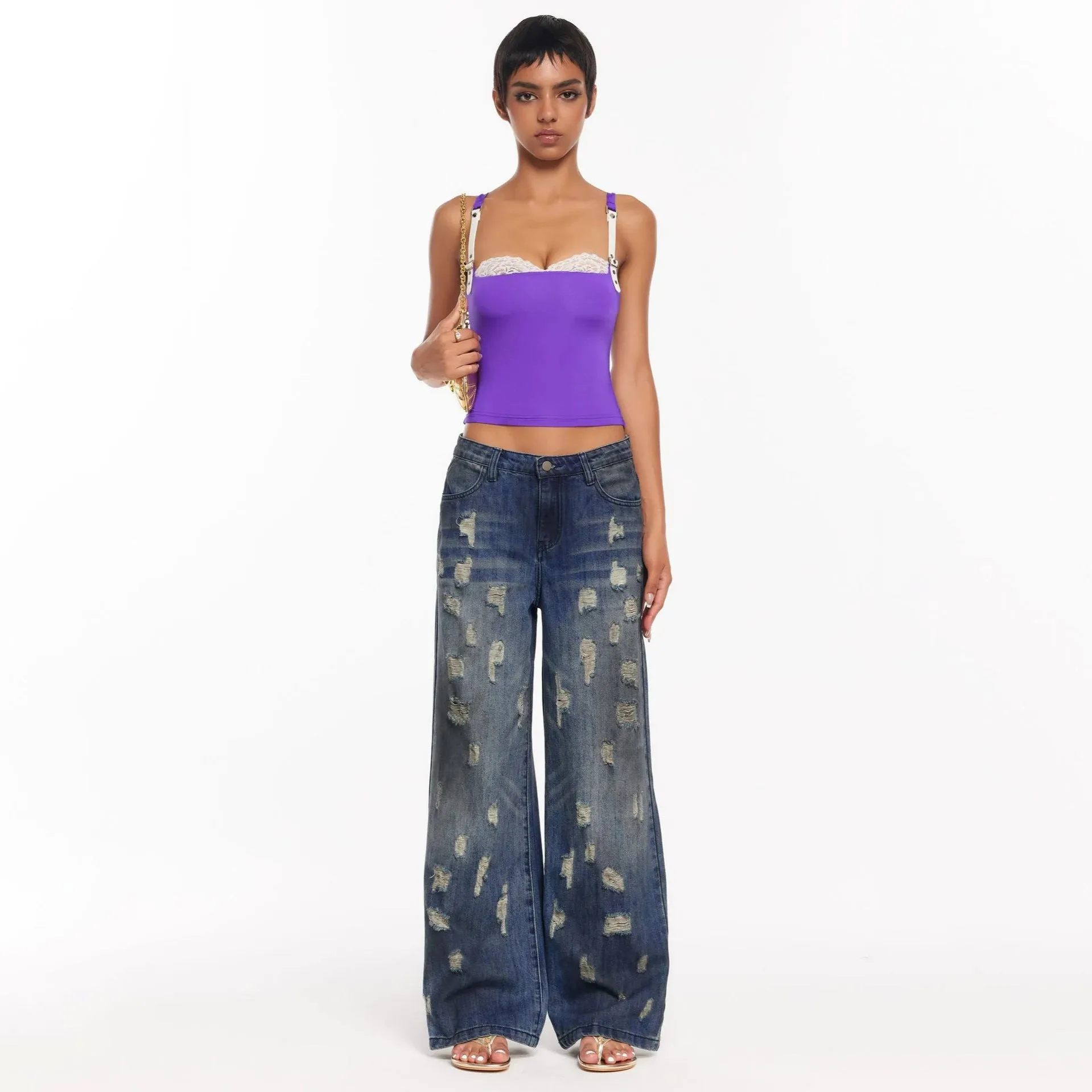 2025 Cross-border street wind ripped jeans women's straight pants high street washed wasteland wind denim design sense mopping pants women