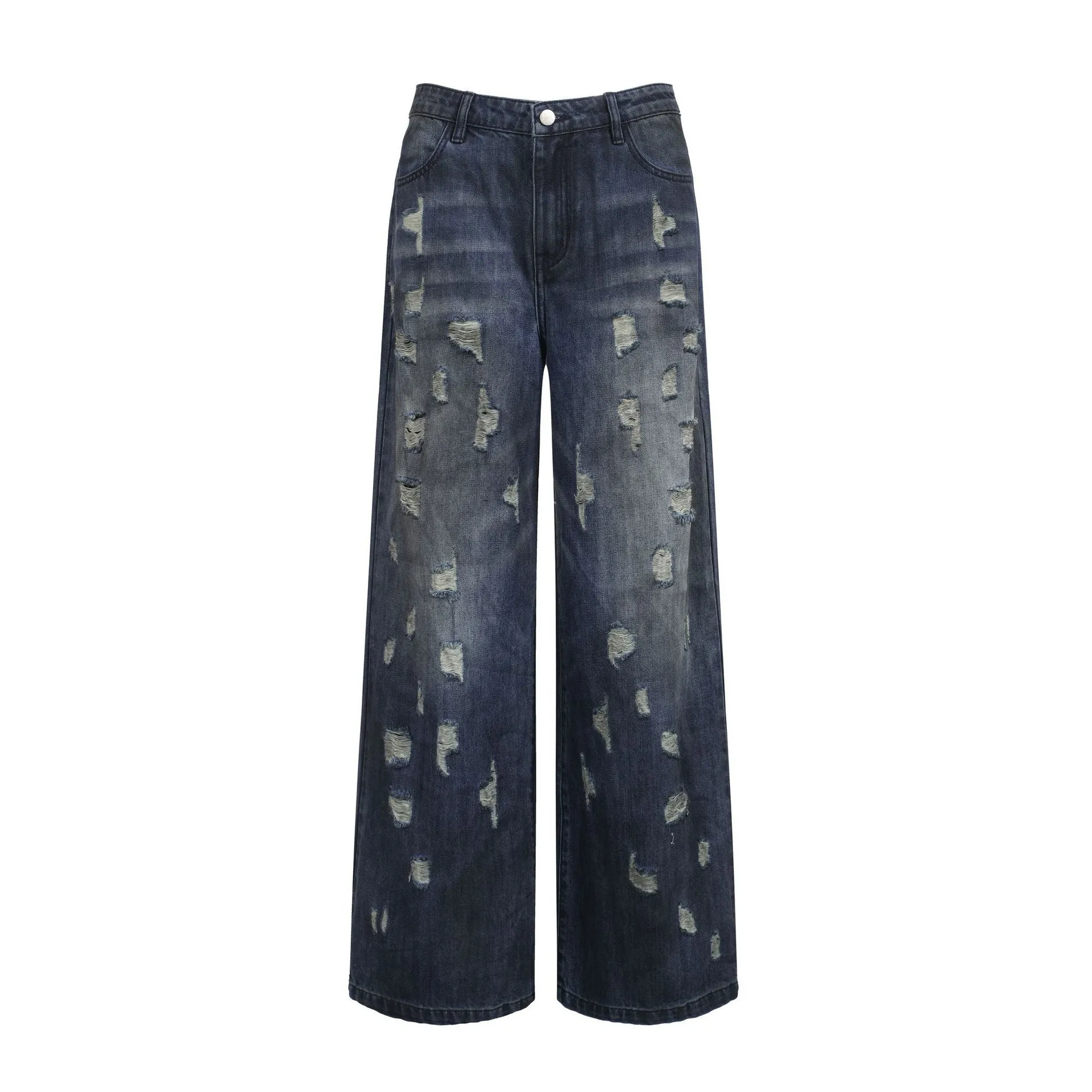 2025 Cross-border street wind ripped jeans women's straight pants high street washed wasteland wind denim design sense mopping pants women