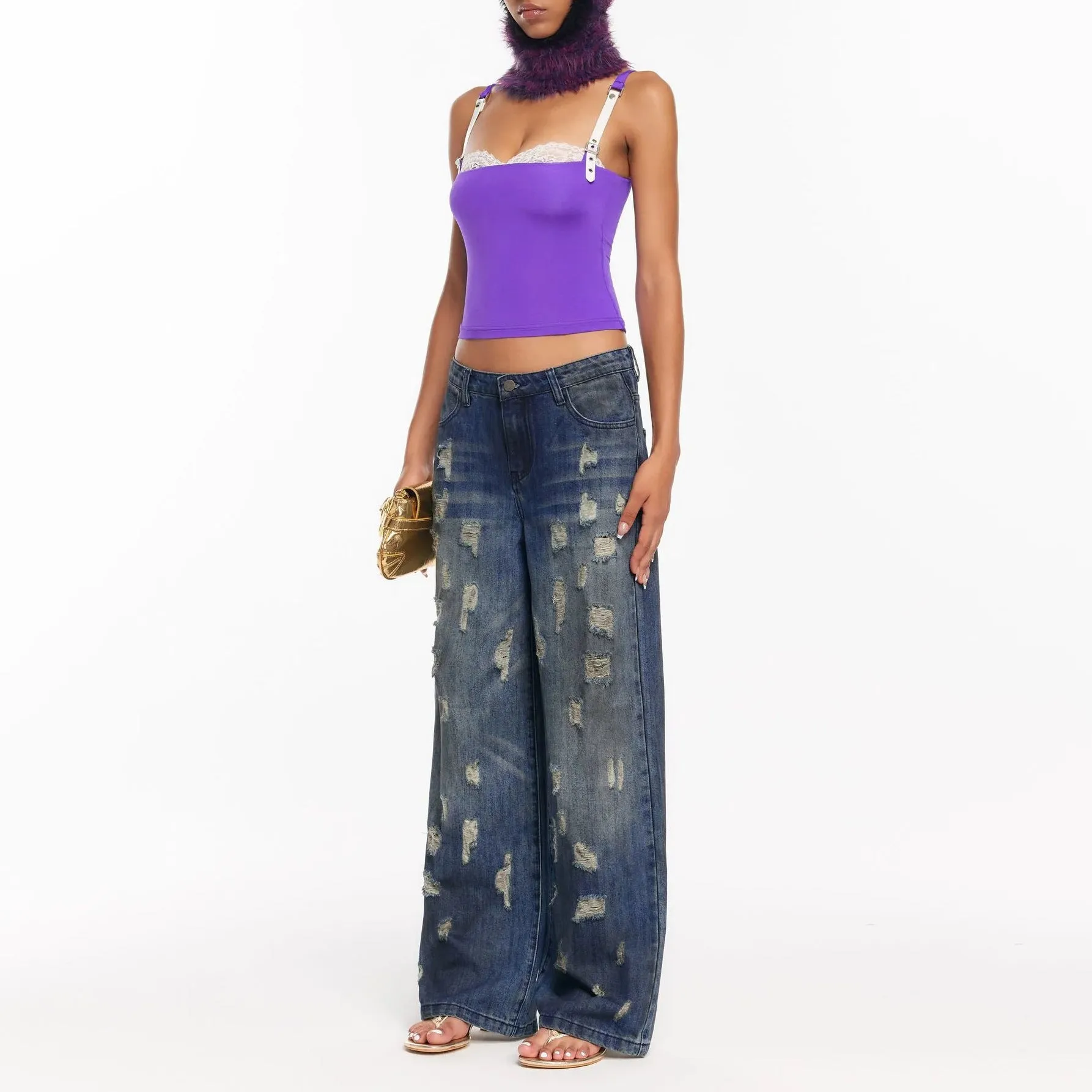 2025 Cross-border street wind ripped jeans women's straight pants high street washed wasteland wind denim design sense mopping pants women