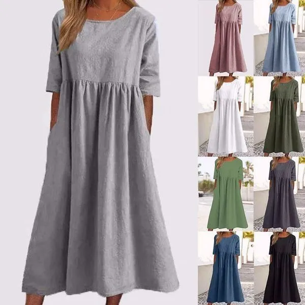 2025 NEW SALES - 50% OFFWomen's Casual Basic Outdoor Crew Neck Pocket Smocked Cotton Dress
