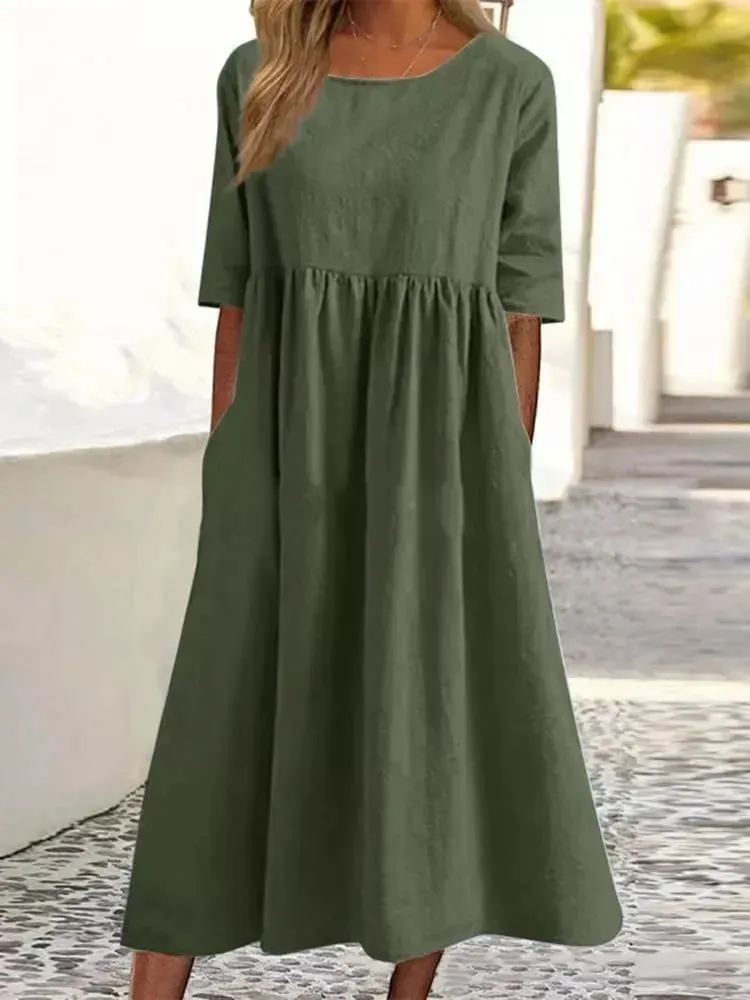 2025 NEW SALES - 50% OFFWomen's Casual Basic Outdoor Crew Neck Pocket Smocked Cotton Dress
