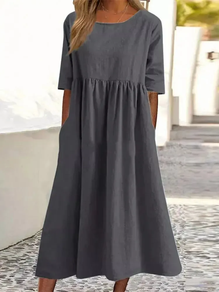 2025 NEW SALES - 50% OFFWomen's Casual Basic Outdoor Crew Neck Pocket Smocked Cotton Dress