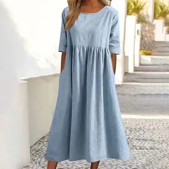 2025 NEW SALES - 50% OFFWomen's Casual Basic Outdoor Crew Neck Pocket Smocked Cotton Dress