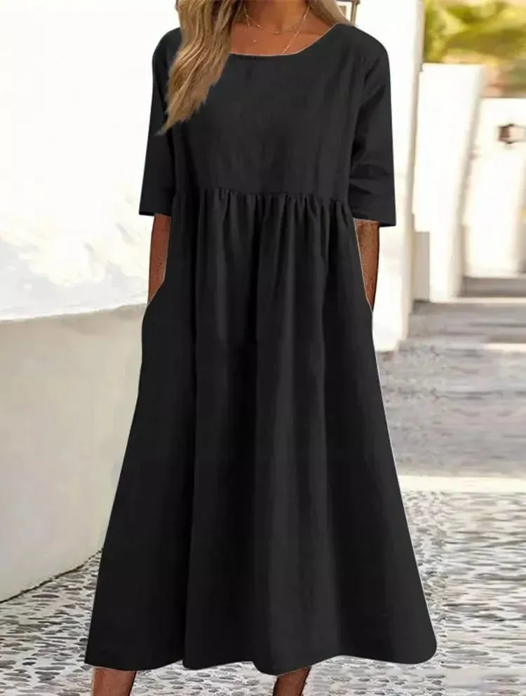 2025 NEW SALES - 50% OFFWomen's Casual Basic Outdoor Crew Neck Pocket Smocked Cotton Dress