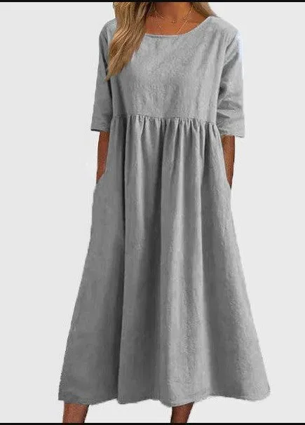 2025 NEW SALES - 50% OFFWomen's Casual Basic Outdoor Crew Neck Pocket Smocked Cotton Dress