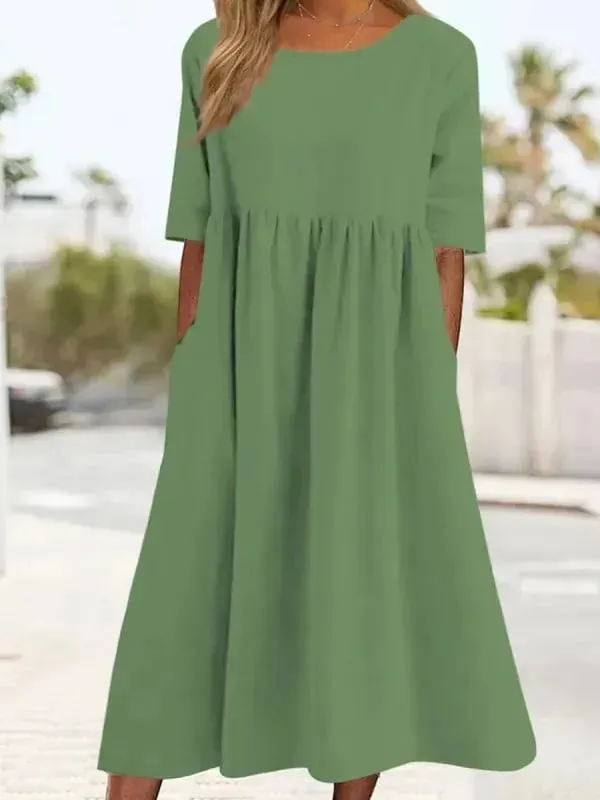 2025 NEW SALES - 50% OFFWomen's Casual Basic Outdoor Crew Neck Pocket Smocked Cotton Dress