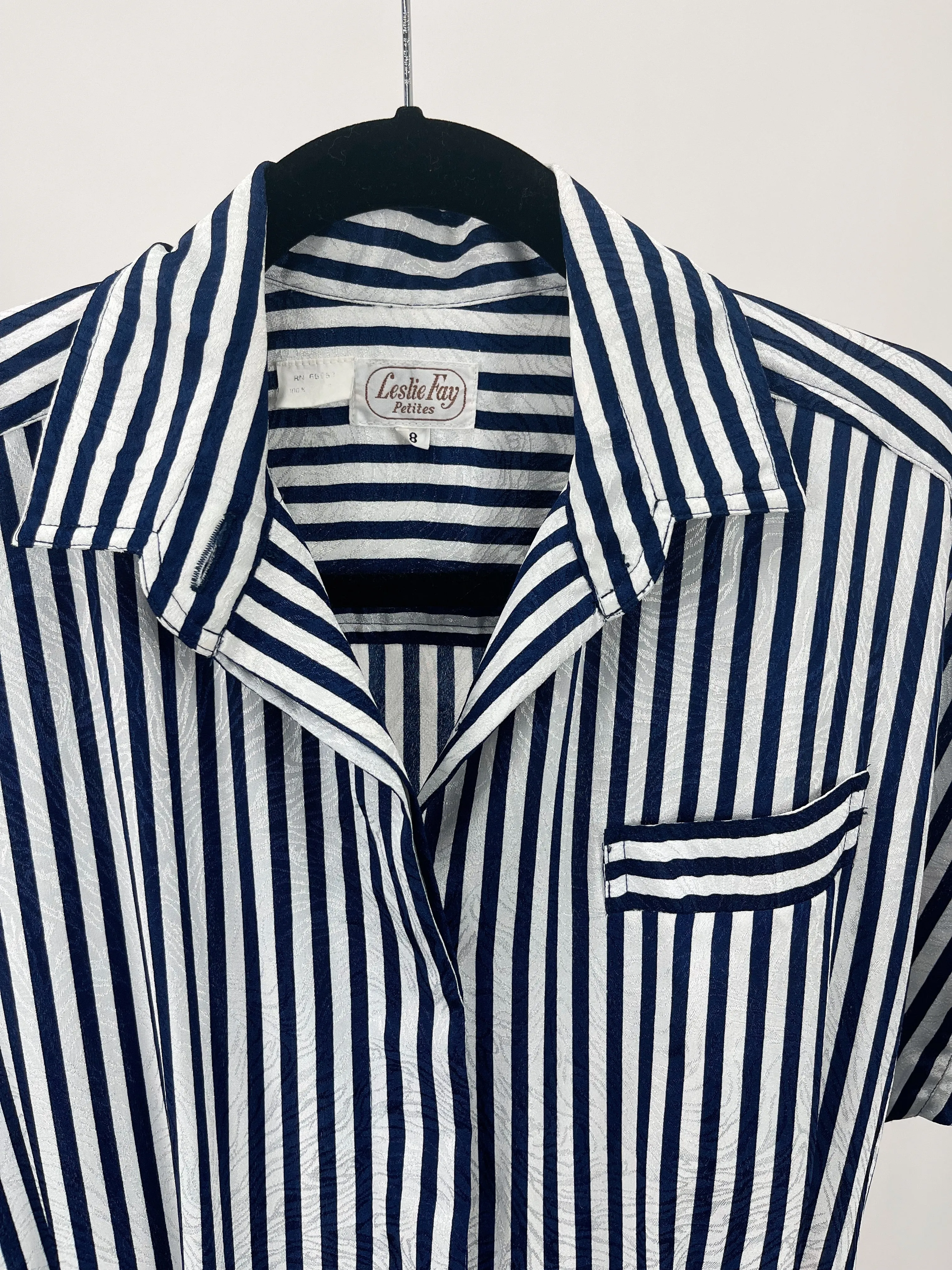 80s Vintage Leslie Fay Navy Stripe Shirt Dress (S/M)