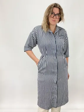 80s Vintage Leslie Fay Navy Stripe Shirt Dress (S/M)
