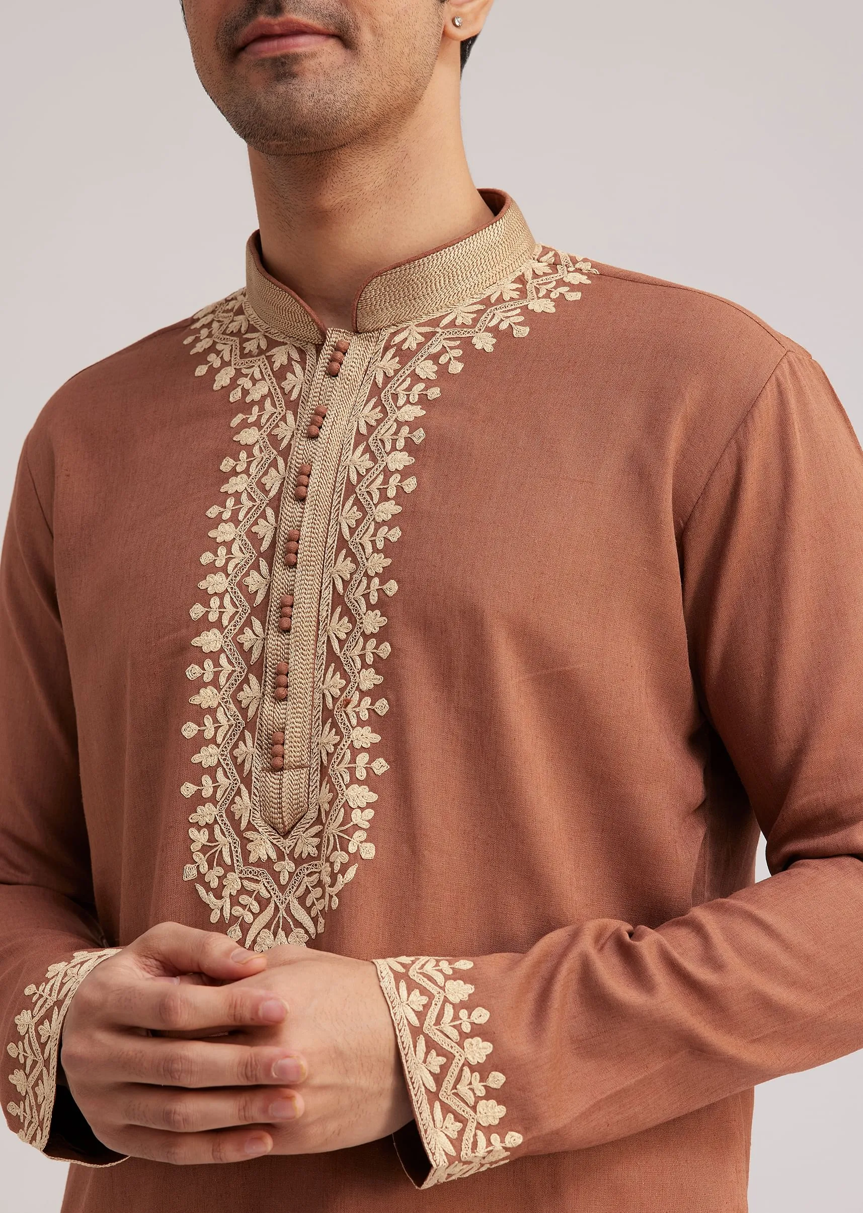 Brown Cotton Kurta Set With Embroidered Yoke And Sleeve Cuffs