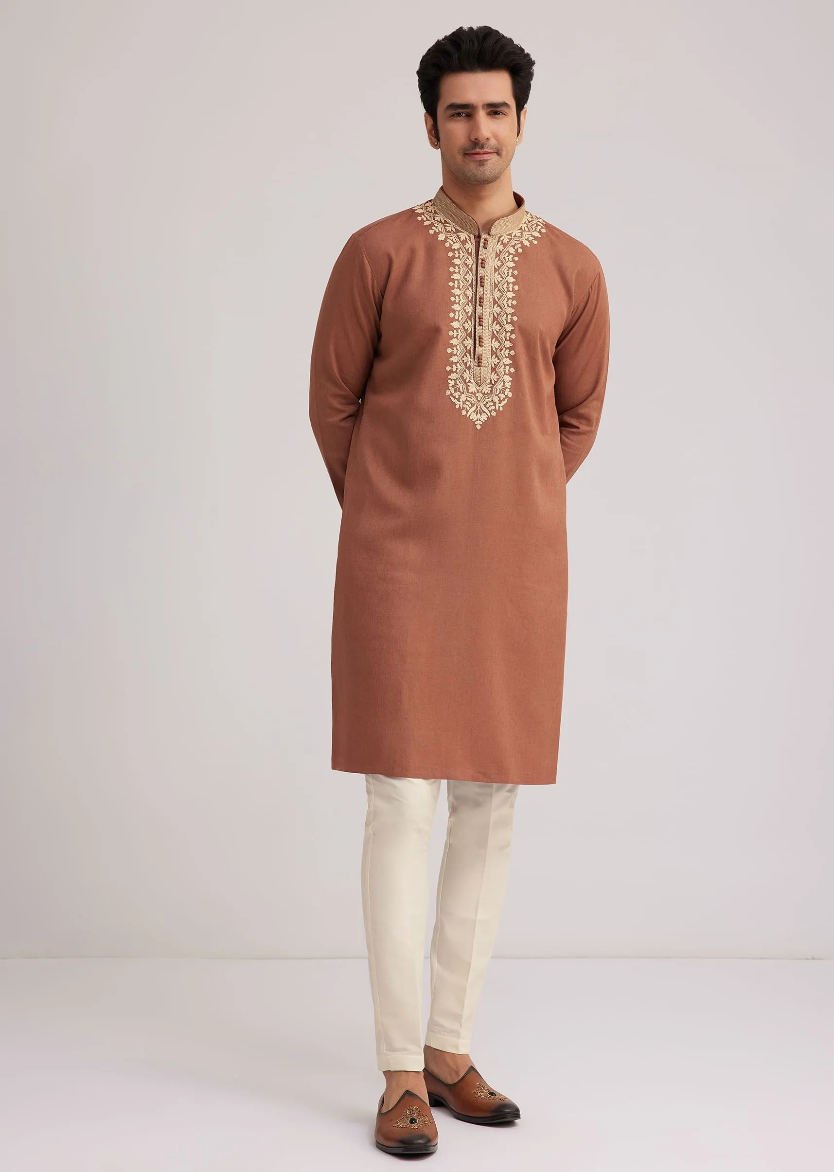Brown Cotton Kurta Set With Embroidered Yoke And Sleeve Cuffs