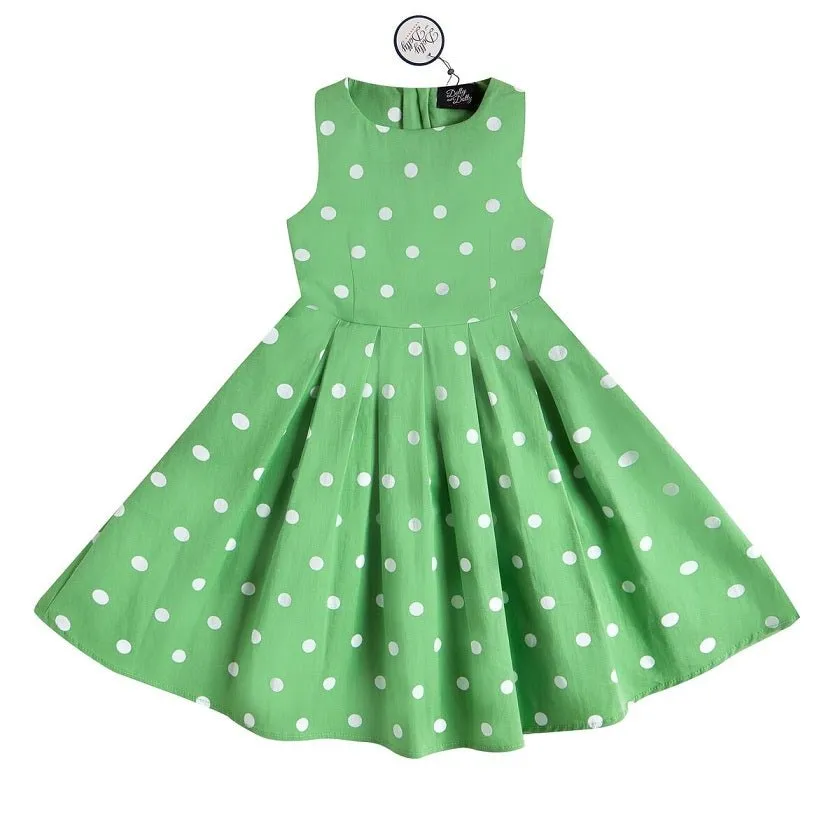 Children Annie Vintage Inspired Polka Dot Dress Green-White