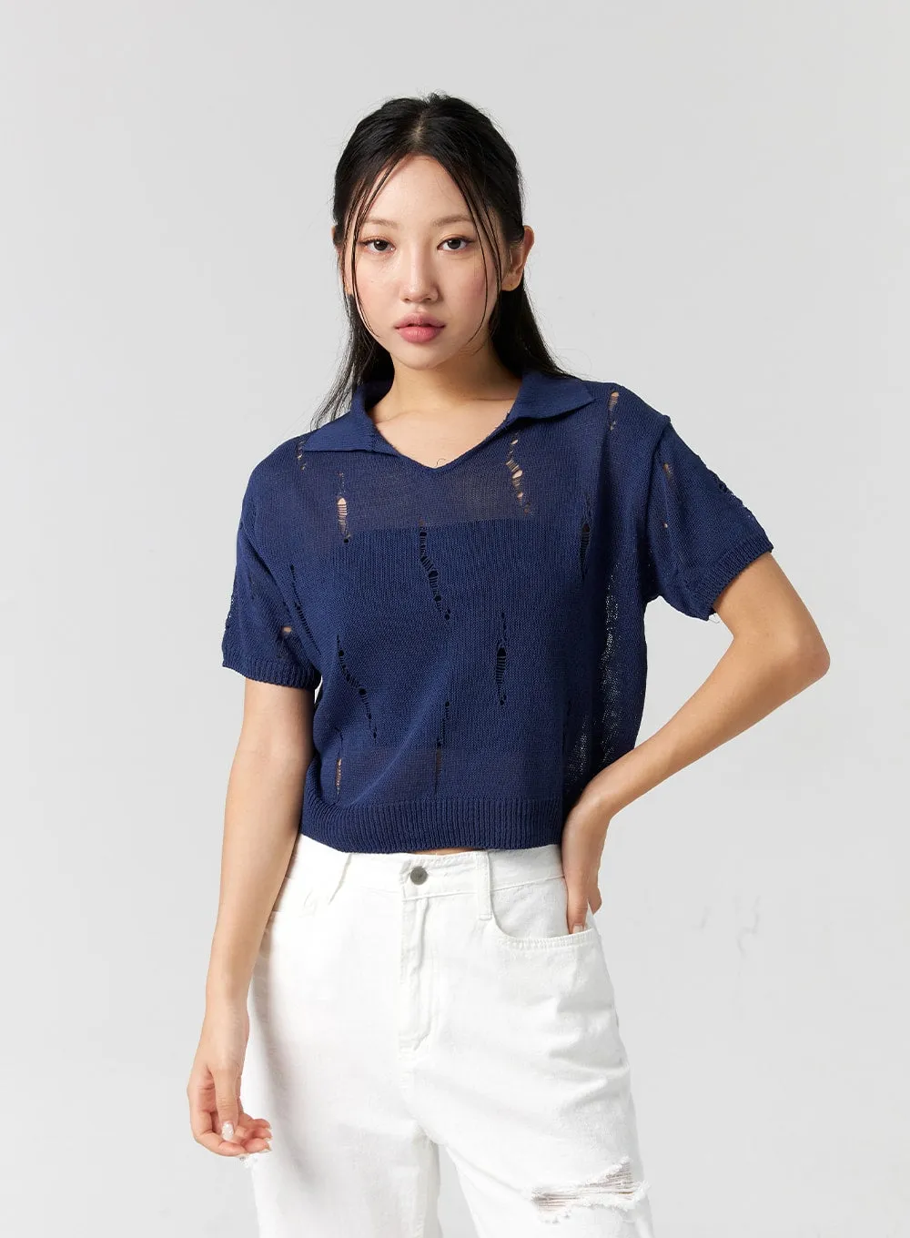 Collared Ripped Short Sleeve Top CG310