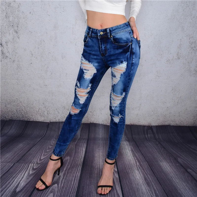 Dark Blue Holes Stretch Regular Pencil Pants