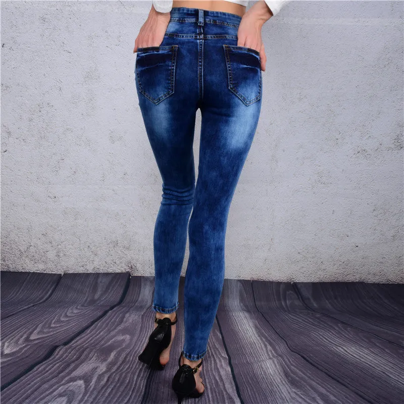 Dark Blue Holes Stretch Regular Pencil Pants