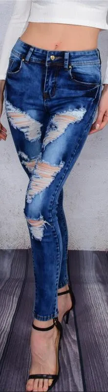 Dark Blue Holes Stretch Regular Pencil Pants