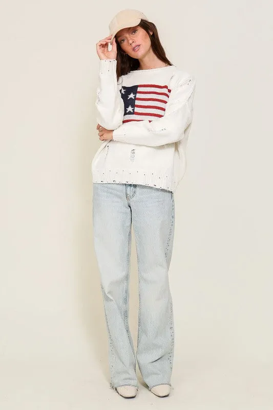 Distressed USA Flag Print Design Long Sleeve Fashion Top Sweater