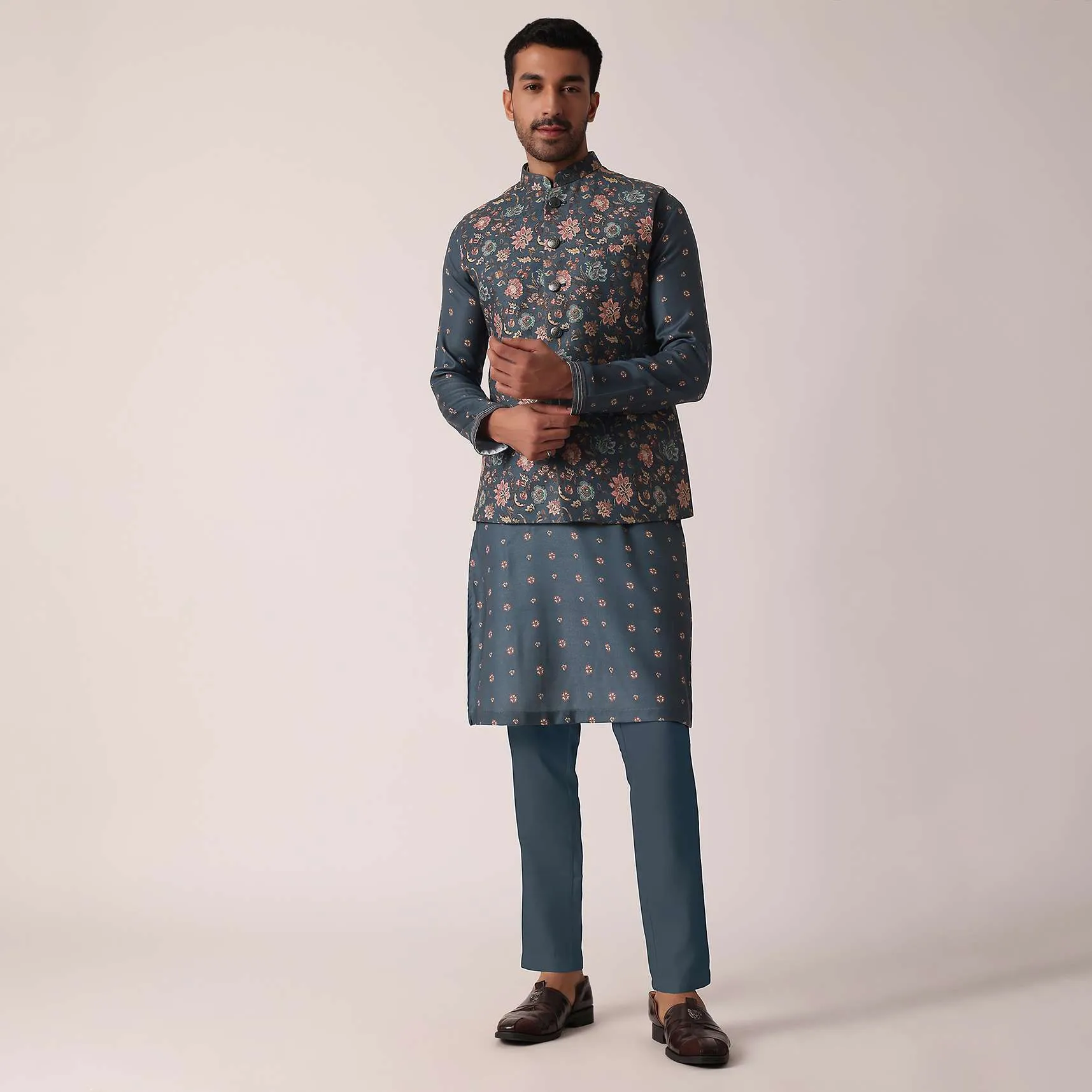 Elegant Teal Festive Jacket Kurta Set For Men