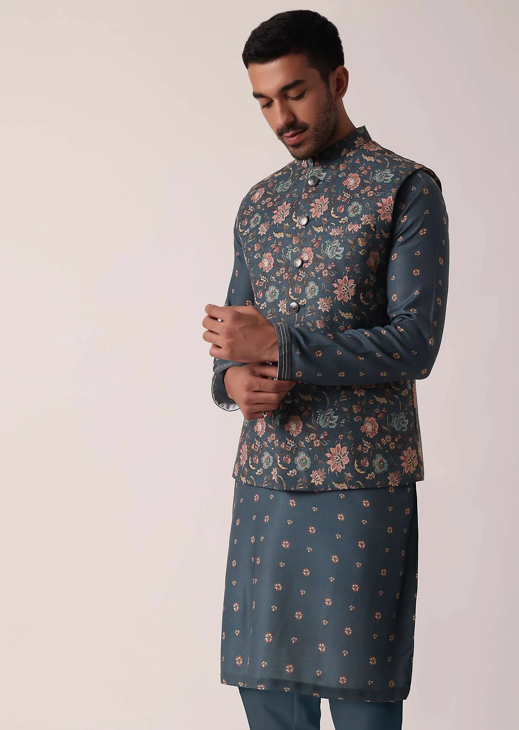 Elegant Teal Festive Jacket Kurta Set For Men
