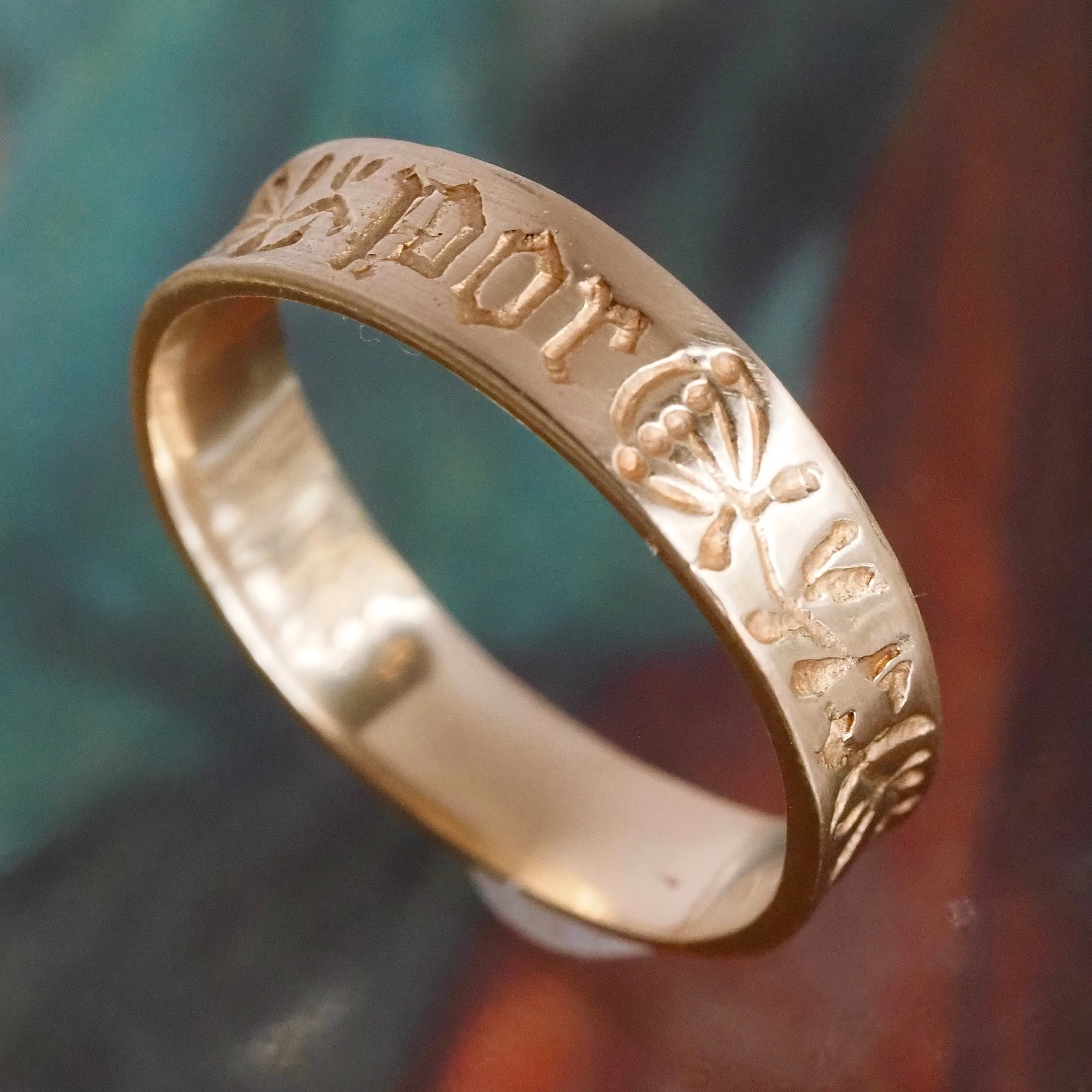 French "Por Tous Itours/For All Times" Engraved 14k Gold Posy Ring