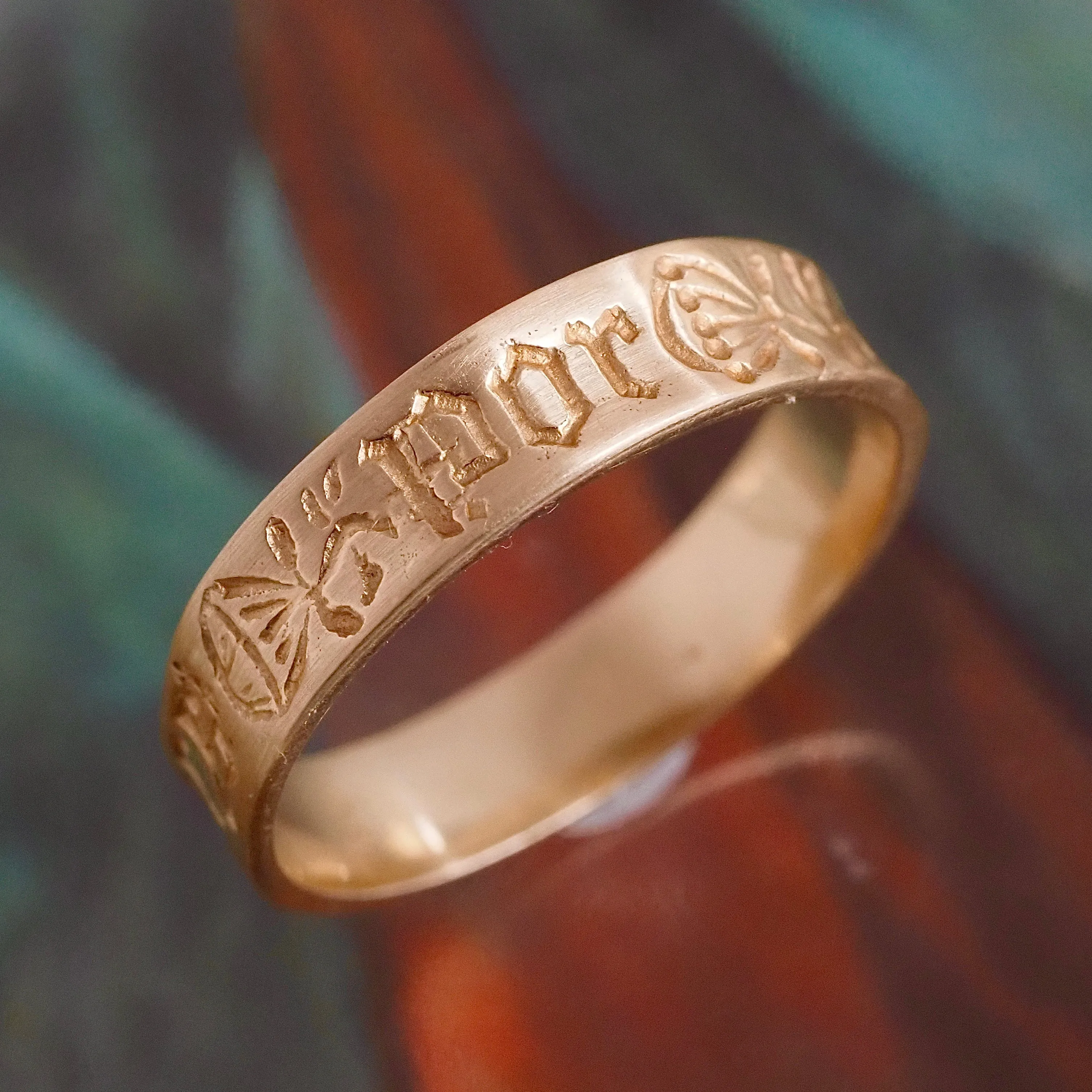 French "Por Tous Itours/For All Times" Engraved 14k Gold Posy Ring