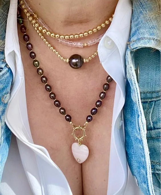 Gold Bead Necklace with Tahitian Pearl - Kona