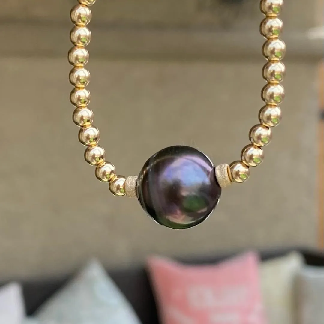Gold Bead Necklace with Tahitian Pearl - Kona