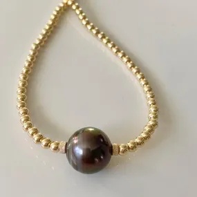 Gold Bead Necklace with Tahitian Pearl - Kona