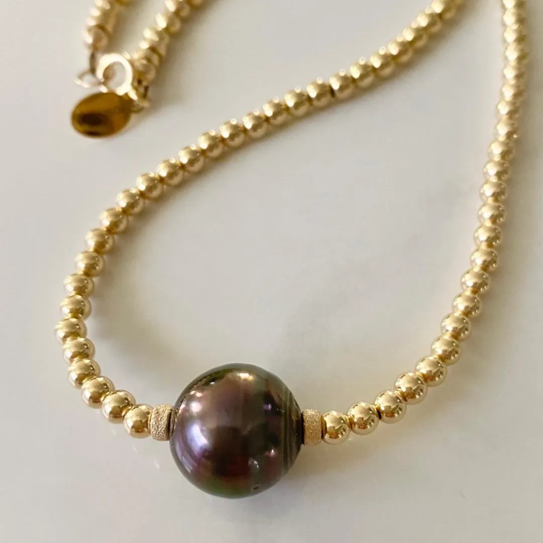 Gold Bead Necklace with Tahitian Pearl - Kona
