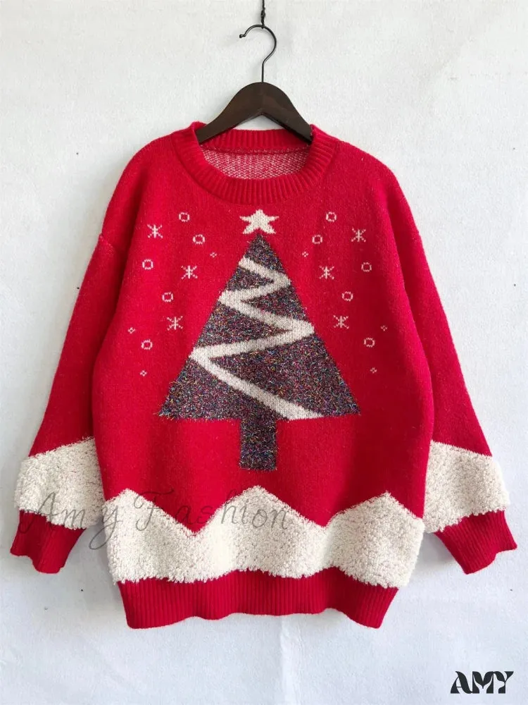 Gold Thread Flocked Round Neck Long Sleeved Loose Knit Pullover Christmas Sweater