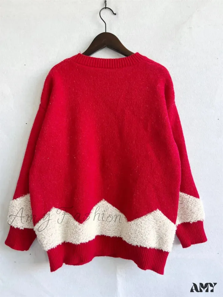 Gold Thread Flocked Round Neck Long Sleeved Loose Knit Pullover Christmas Sweater