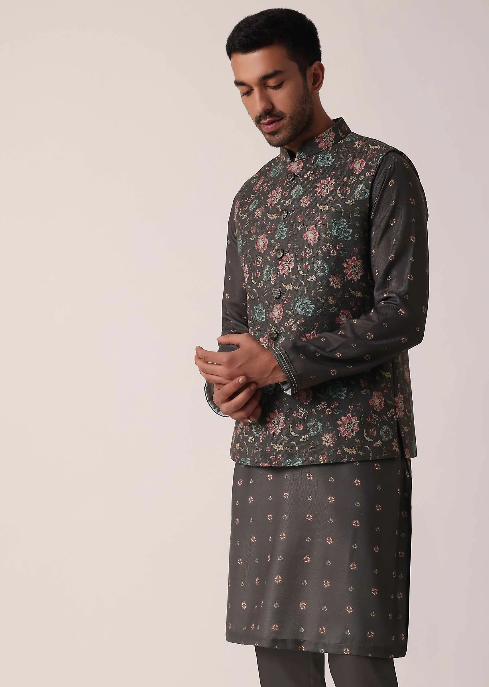 Grey Floral Print Festive Jacket Kurta Set For Men
