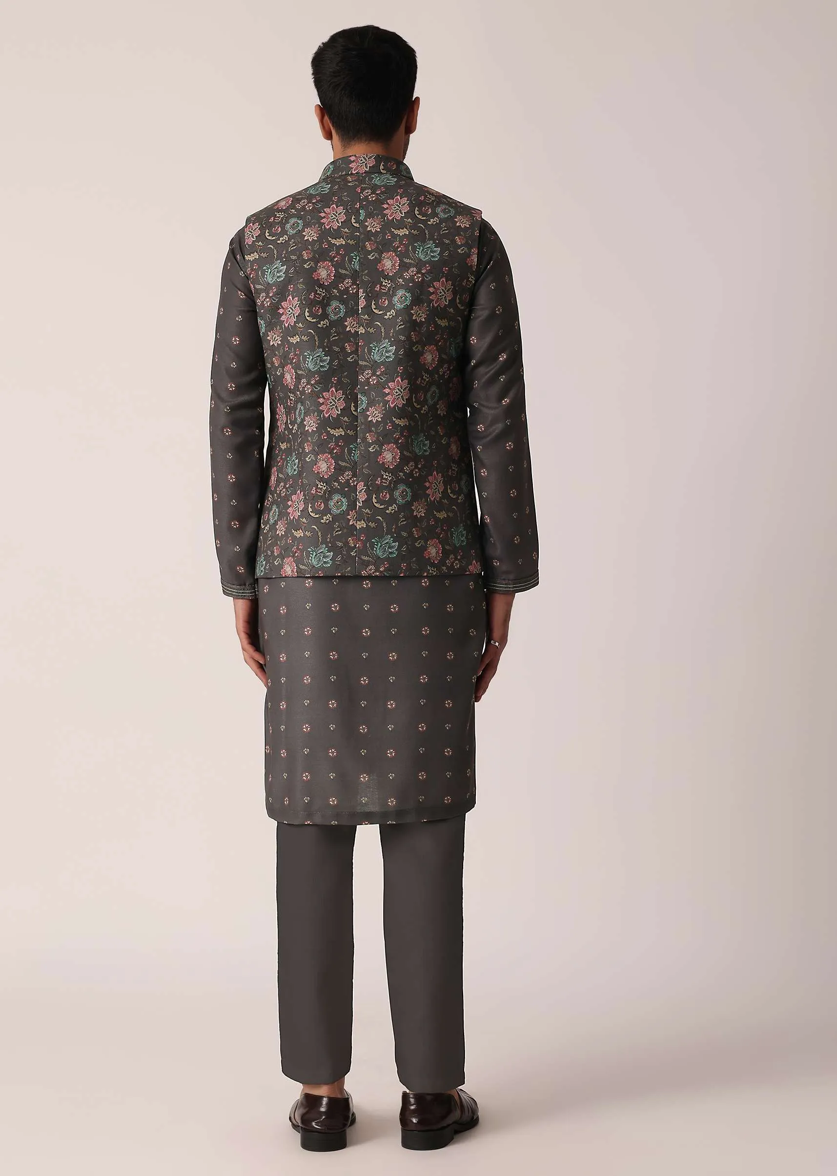 Grey Floral Print Festive Jacket Kurta Set For Men