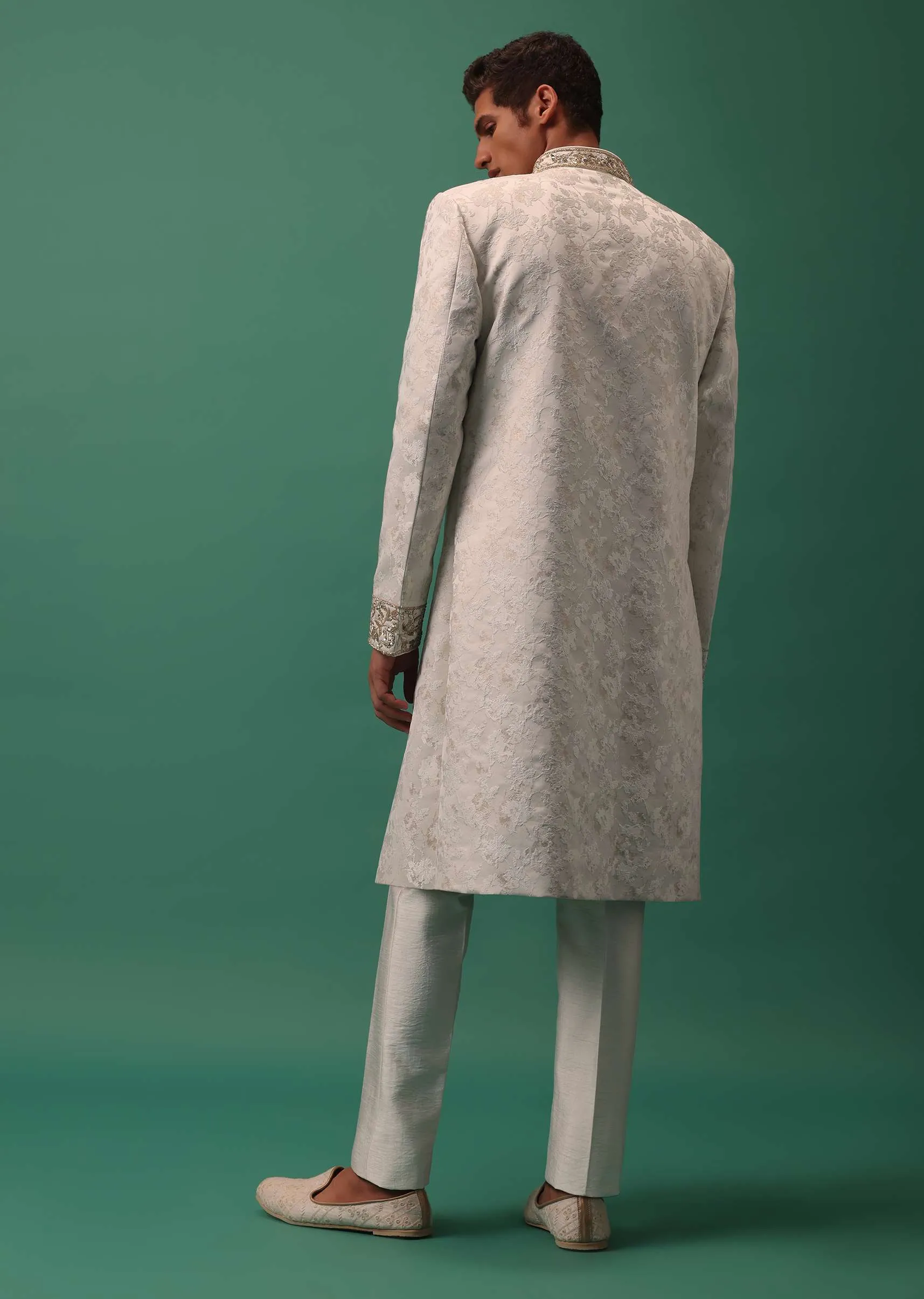 Ivory White Textured Sherwani Set With Fusing Pants