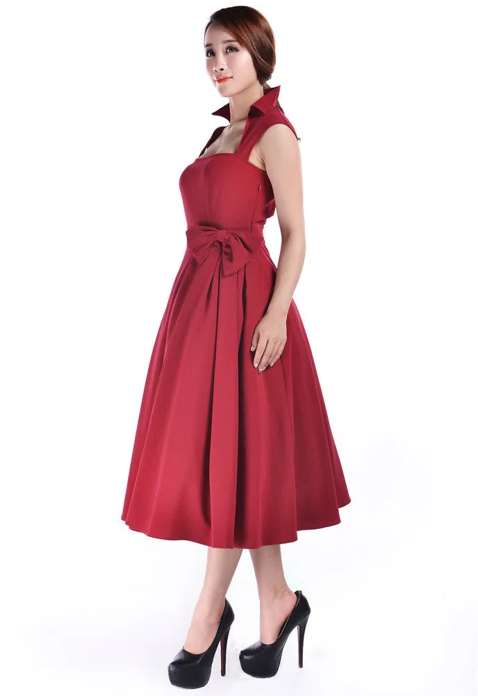 Red Vintage Design Flared Belted Party Dress with big bow