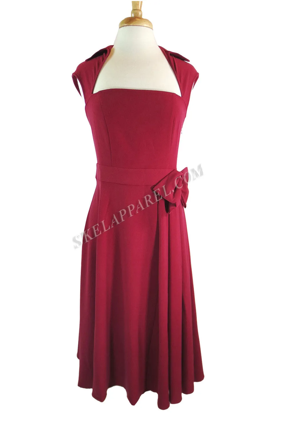 Red Vintage Design Flared Belted Party Dress with big bow