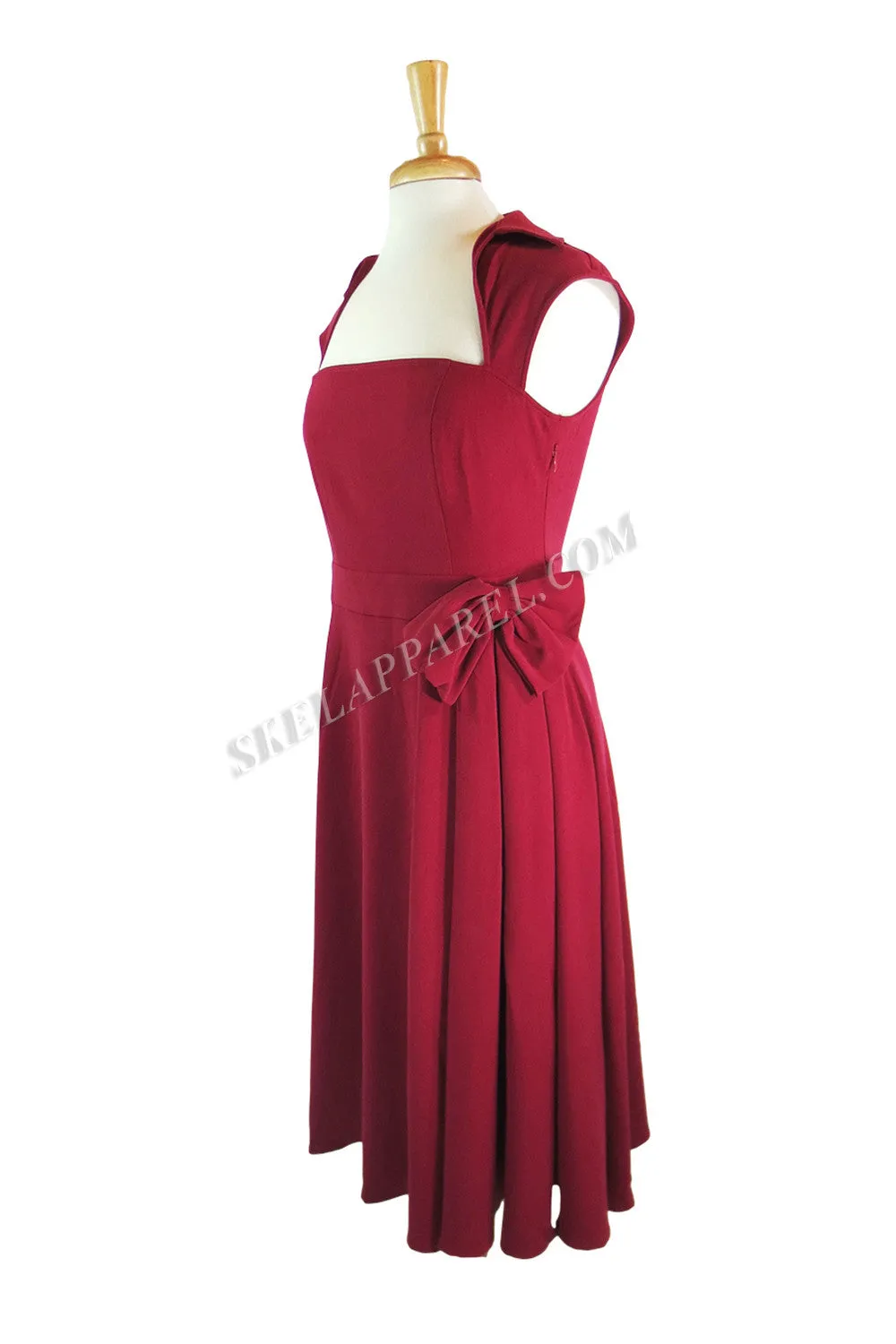 Red Vintage Design Flared Belted Party Dress with big bow