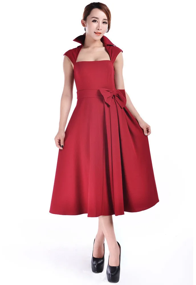 Red Vintage Design Flared Belted Party Dress with big bow