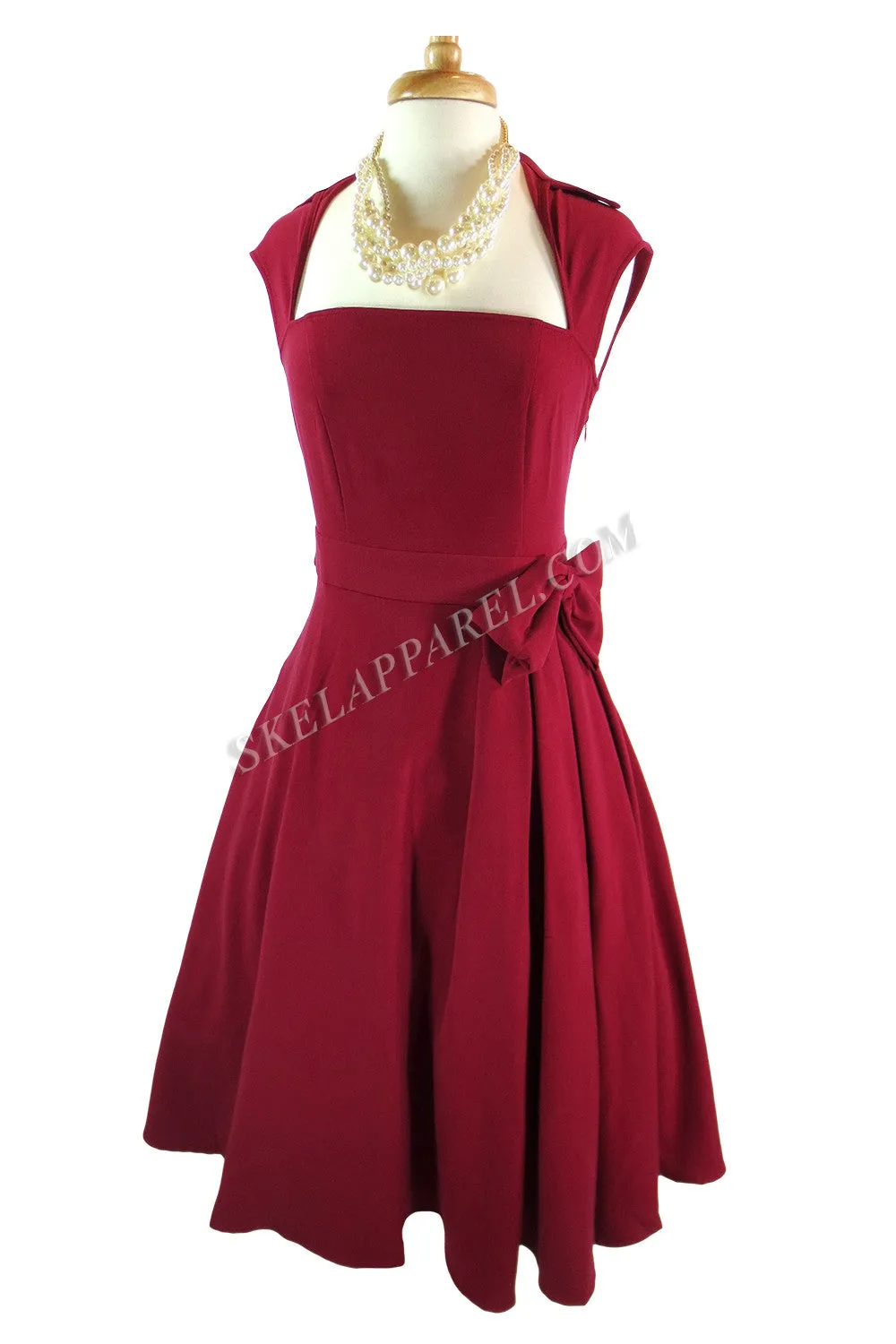 Red Vintage Design Flared Belted Party Dress with big bow