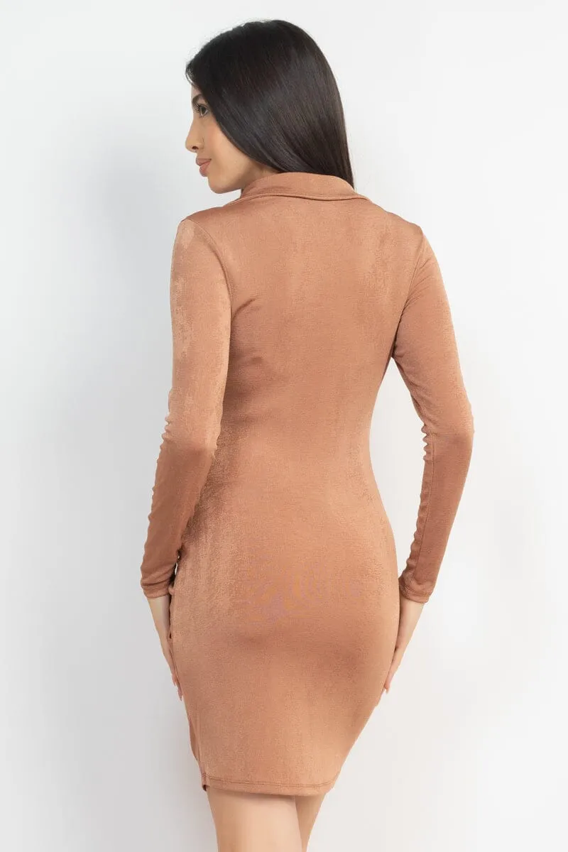 Tan Brown Ruched Front Velvet Long Sleeve Button Down Bodycon Dresses