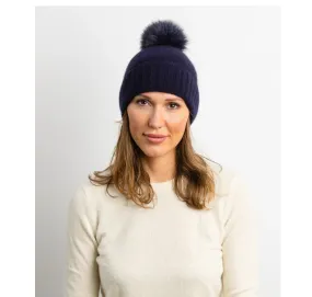 The Cashmere Cuff Slouchy Beanie w/ Faux Pom - Dark Navy