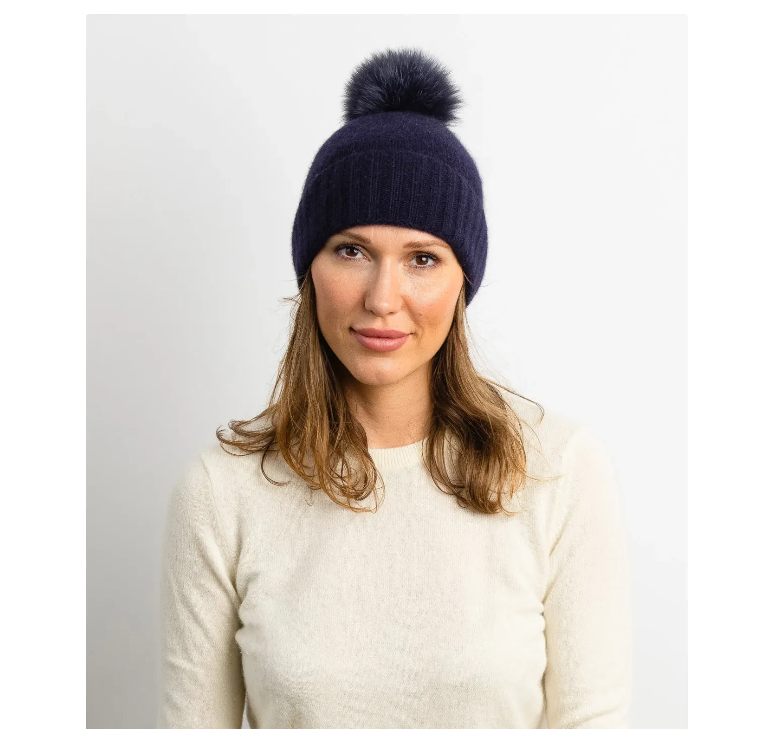 The Cashmere Cuff Slouchy Beanie w/ Faux Pom - Dark Navy