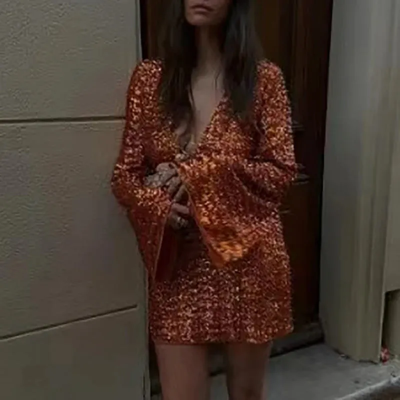 UAKISS  -  Sexy Deep V-neck Flared Long Sleeve Mini Dresses Fashion Solid Bag Hips Evening Dresses Elegant Hollow Out Sequins Short Dresses