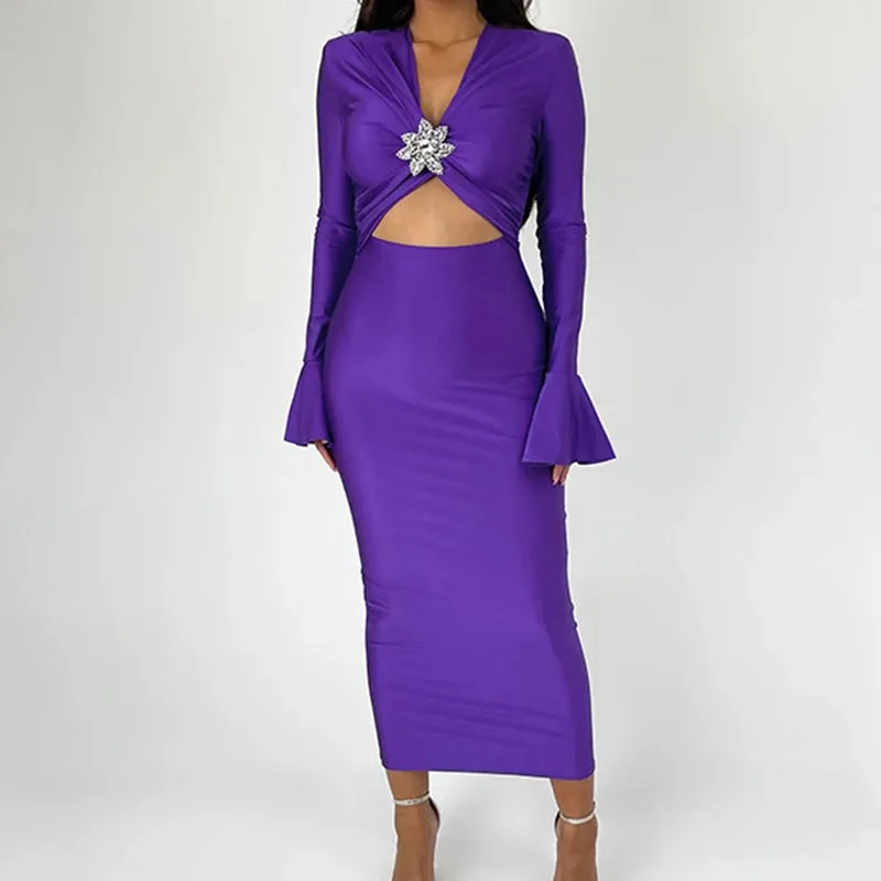 UAKISS  -  Sexy V Neck Hollow Waist Party Dress Autumn Casual Flared Sleeve Slim Women's Dress Elegant Solid Color Commuting Long Dresses