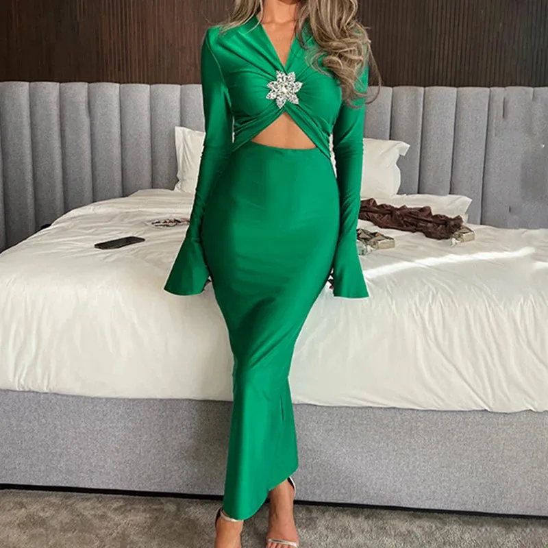 UAKISS  -  Sexy V Neck Hollow Waist Party Dress Autumn Casual Flared Sleeve Slim Women's Dress Elegant Solid Color Commuting Long Dresses