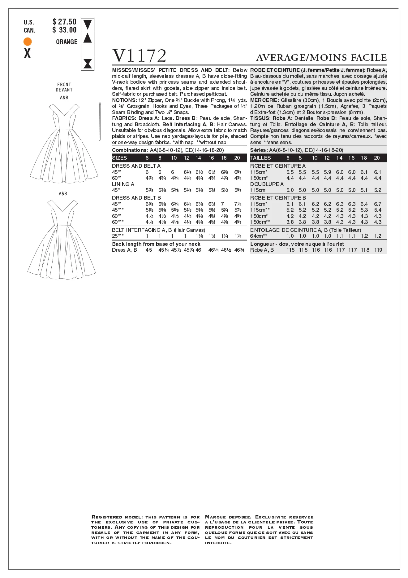 Vogue Pattern V1172 Misses'/Misses' Petite Dress and Belt
