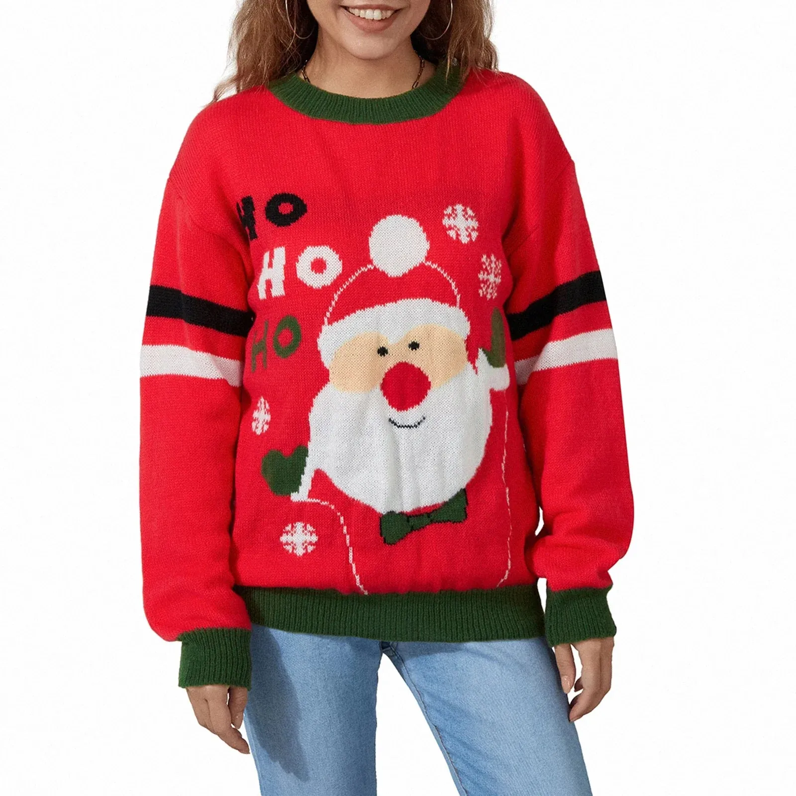 Wenkouban-Christmas Thanksgiving outfits_Christmas Santa Jacquard Patchwork Long Sleeve Crew Neck Loose Christmas Sweater