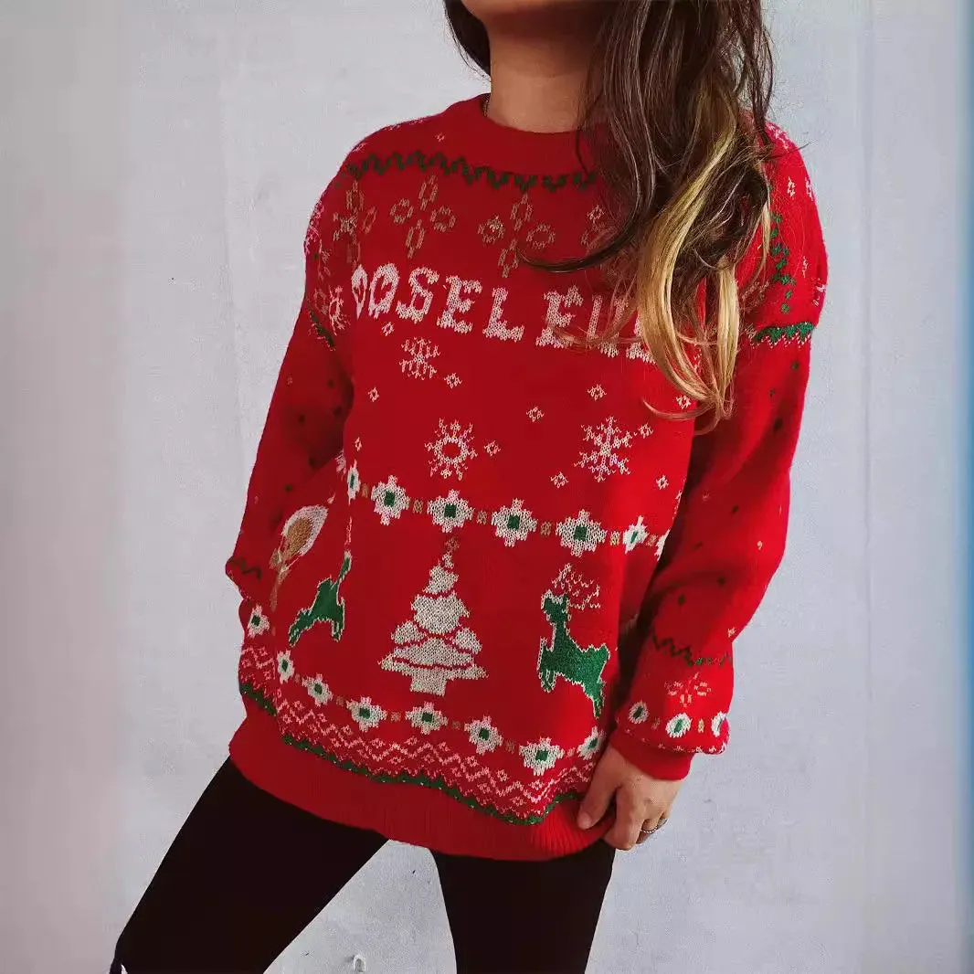 Wenkouban-Christmas Thanksgiving outfits_Fashion Korean Style Loose Pullover Christmas Red Christmas Sweater